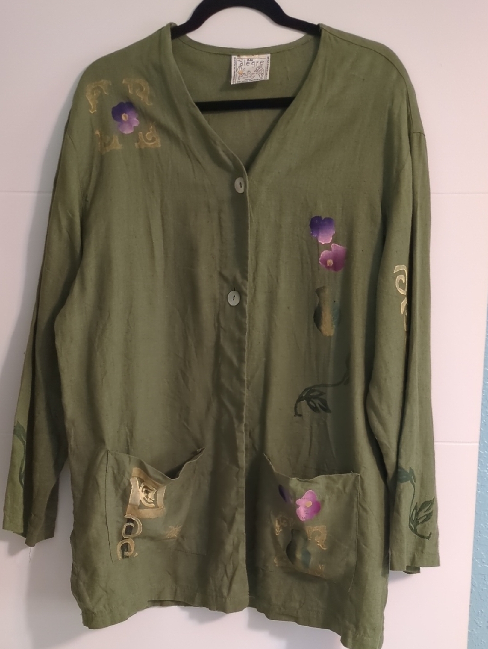 Play Alegre Vintage Linen Hand Painted Olive Green Blazer Art To Wear Sz XL Boho